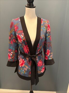 LOFT Blue Floral Tie-Waist Blazer with Black Trim and Pink Accents